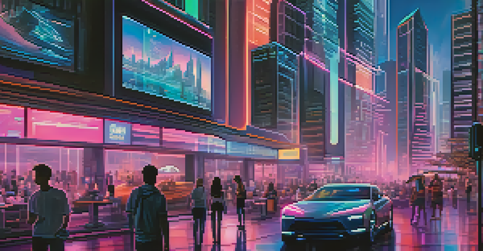 A futuristic cityscape illustrating the future of Ethereum user experience, with mobile devices and holographic interfaces integrated into daily life, illuminated by neon colors.
