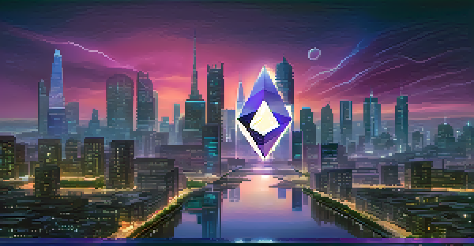 A futuristic city skyline featuring Ethereum logos in the architecture at dusk.