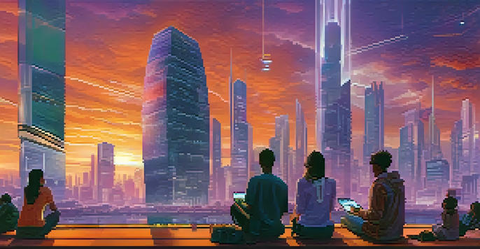 A futuristic city at sunset with diverse people using digital devices in the foreground.