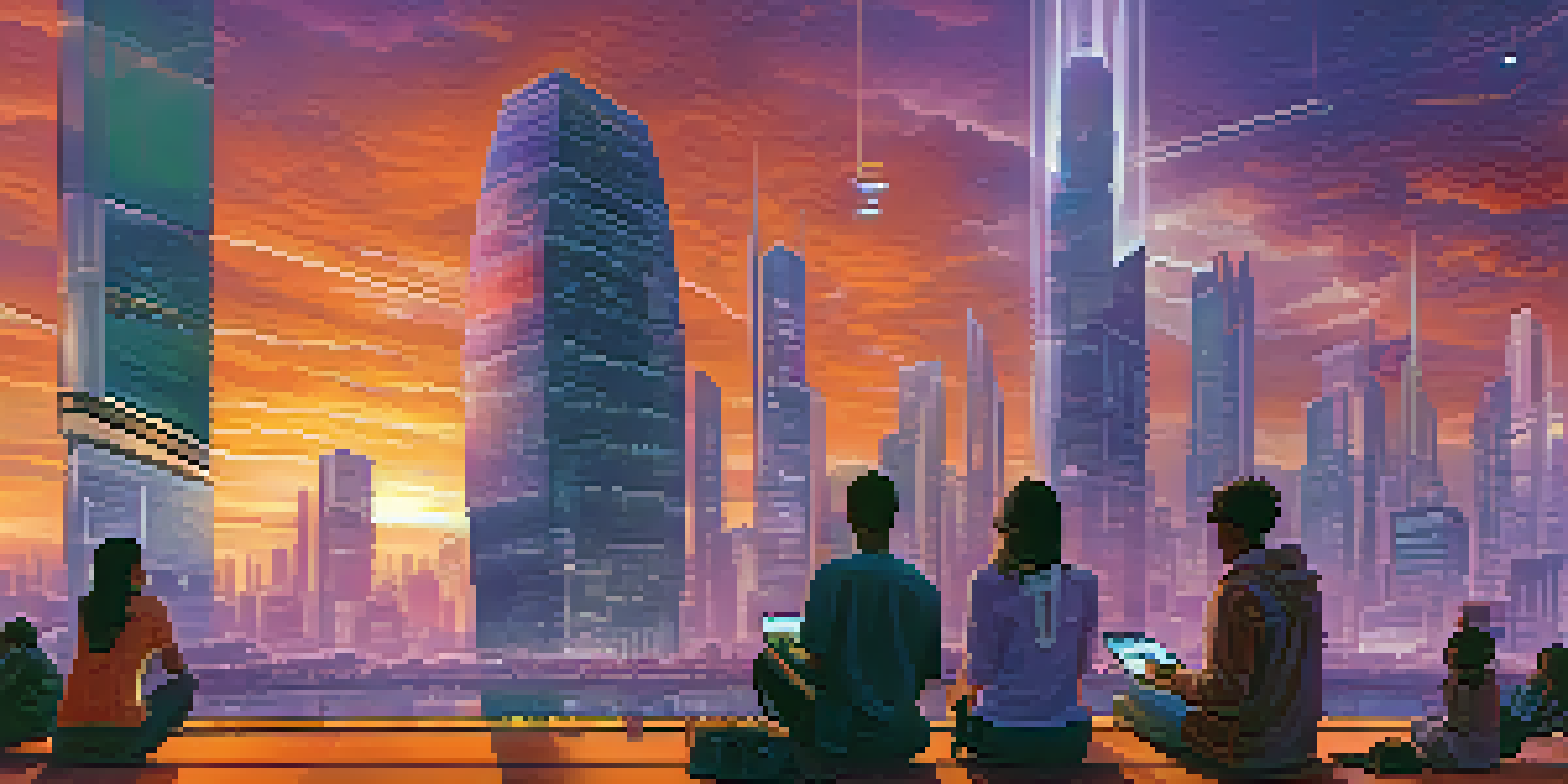 A futuristic city at sunset with diverse people using digital devices in the foreground.