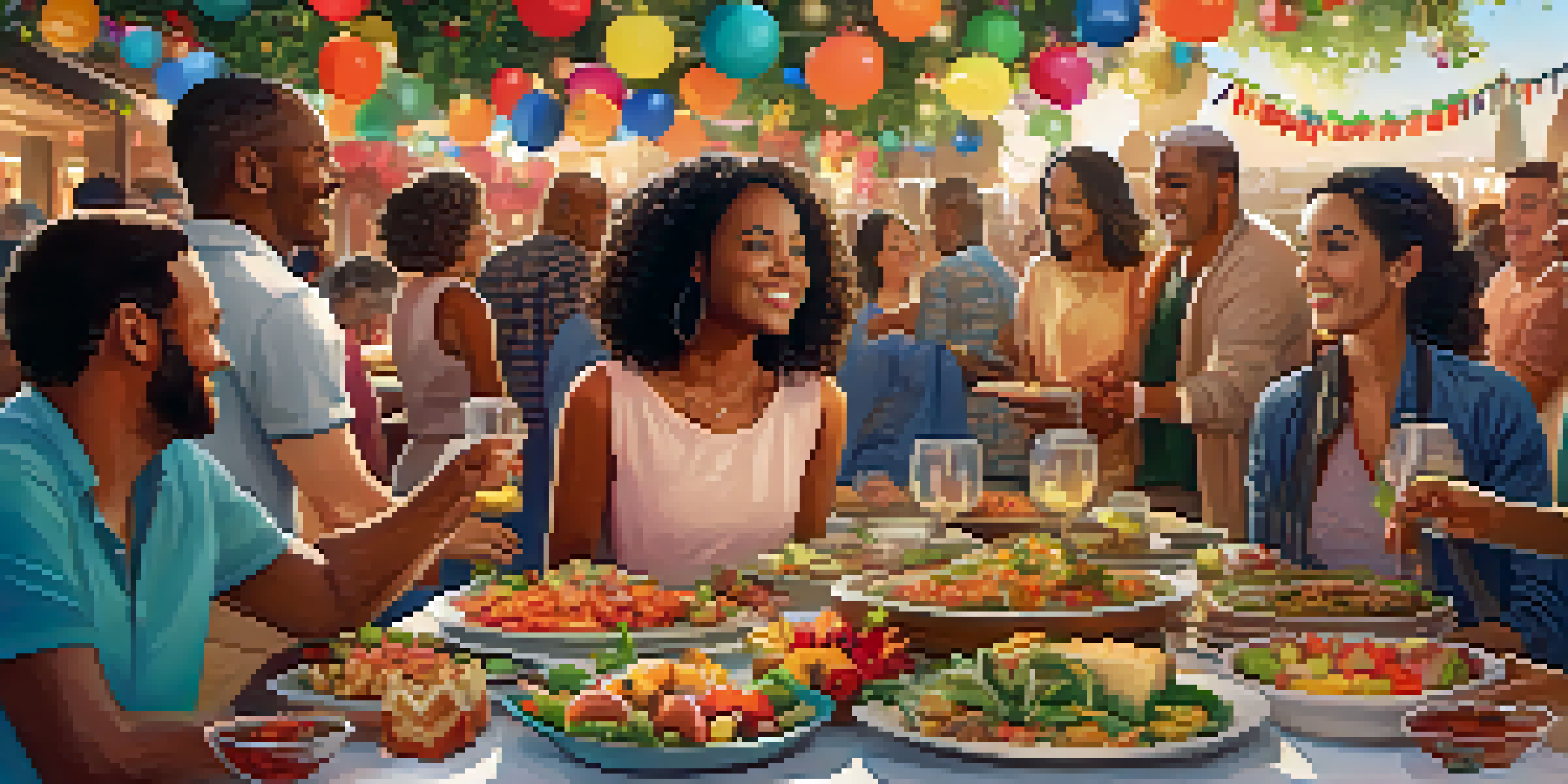 A diverse group of people enjoying a potluck with colorful dishes on a table under warm lighting.