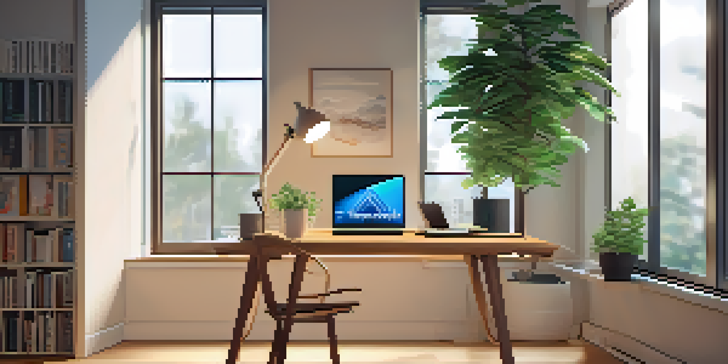 A modern workspace with a laptop showing blockchain code, surrounded by books, a plant, and a coffee cup, illuminated by soft natural light.