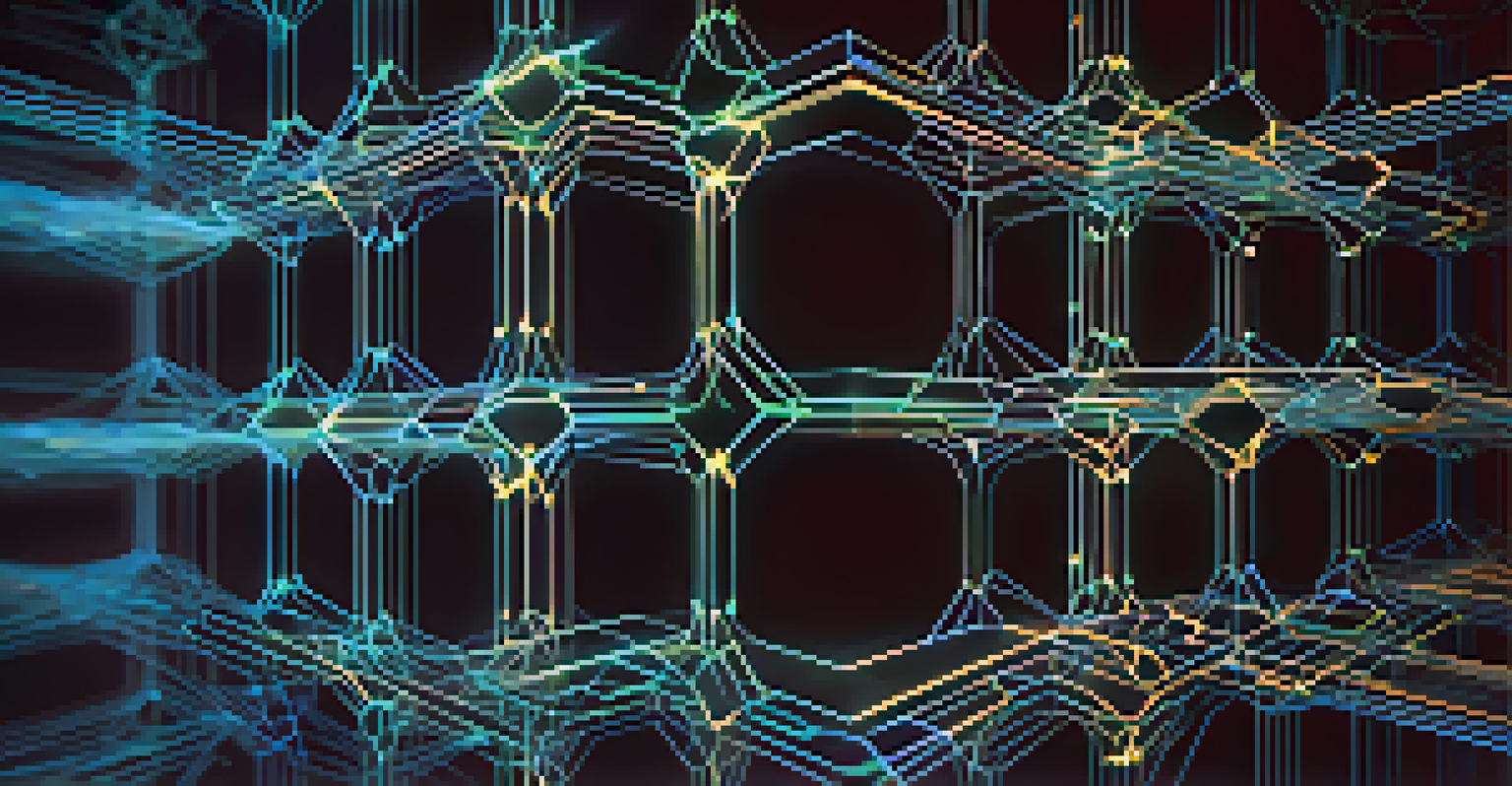 An abstract illustration of blockchain technology with glowing interconnected nodes and luminous lines in a dark background.