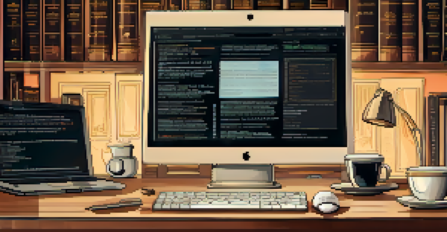 A close-up of a computer screen showing Solidity code for a smart contract, with notes and a warm study environment.