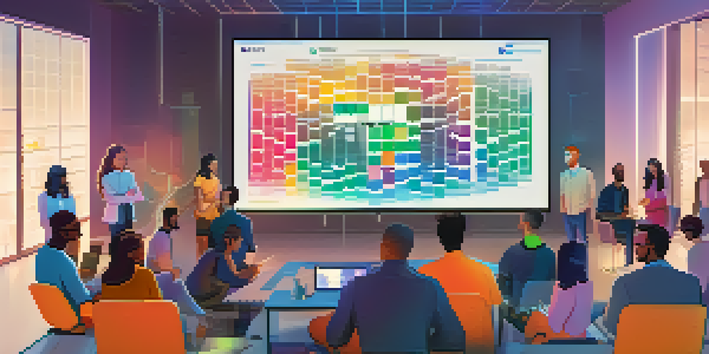 A diverse group of individuals engaged in discussion around a digital screen showing a blockchain network with colorful charts, representing community collaboration.
