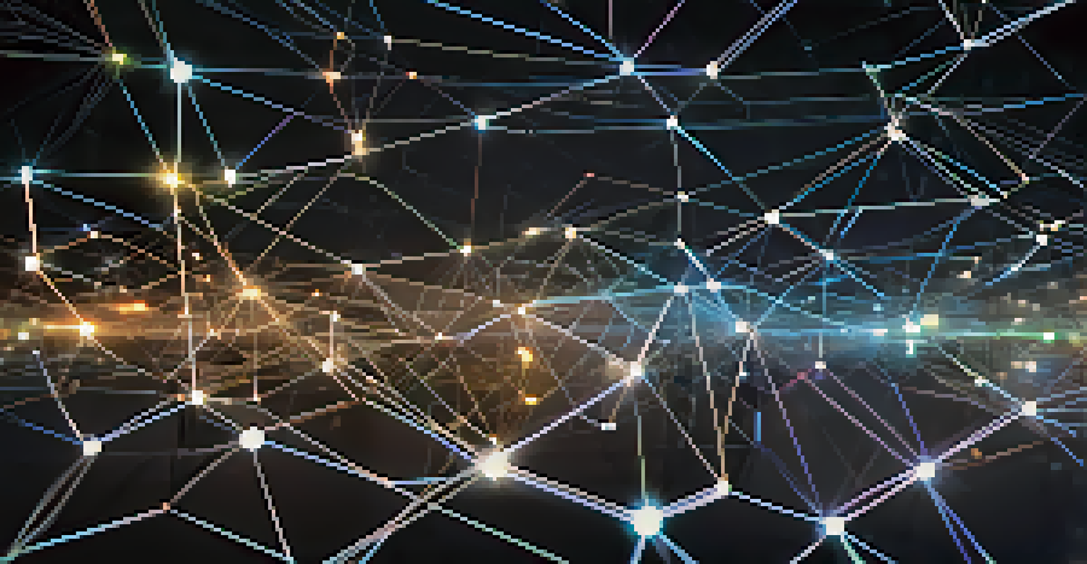 A close-up view of a glowing blockchain digital ledger with interconnected lines on a dark gradient background.