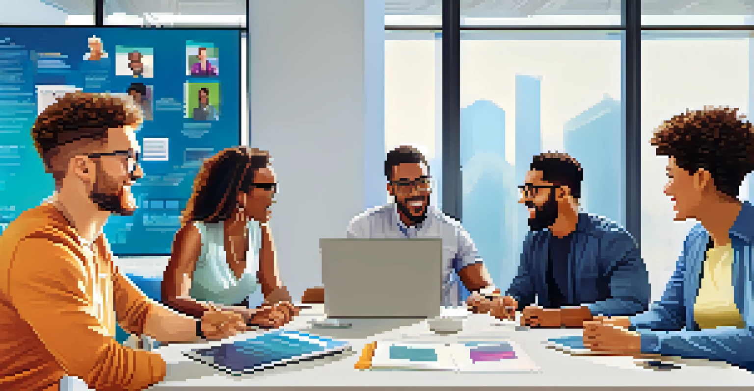 A diverse group of people discussing ideas around a conference table, with modern technology in a bright room.