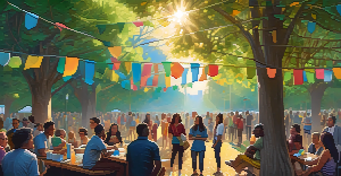 A lively Ethereum community event with diverse participants discussing and collaborating on blockchain projects under sunlight.