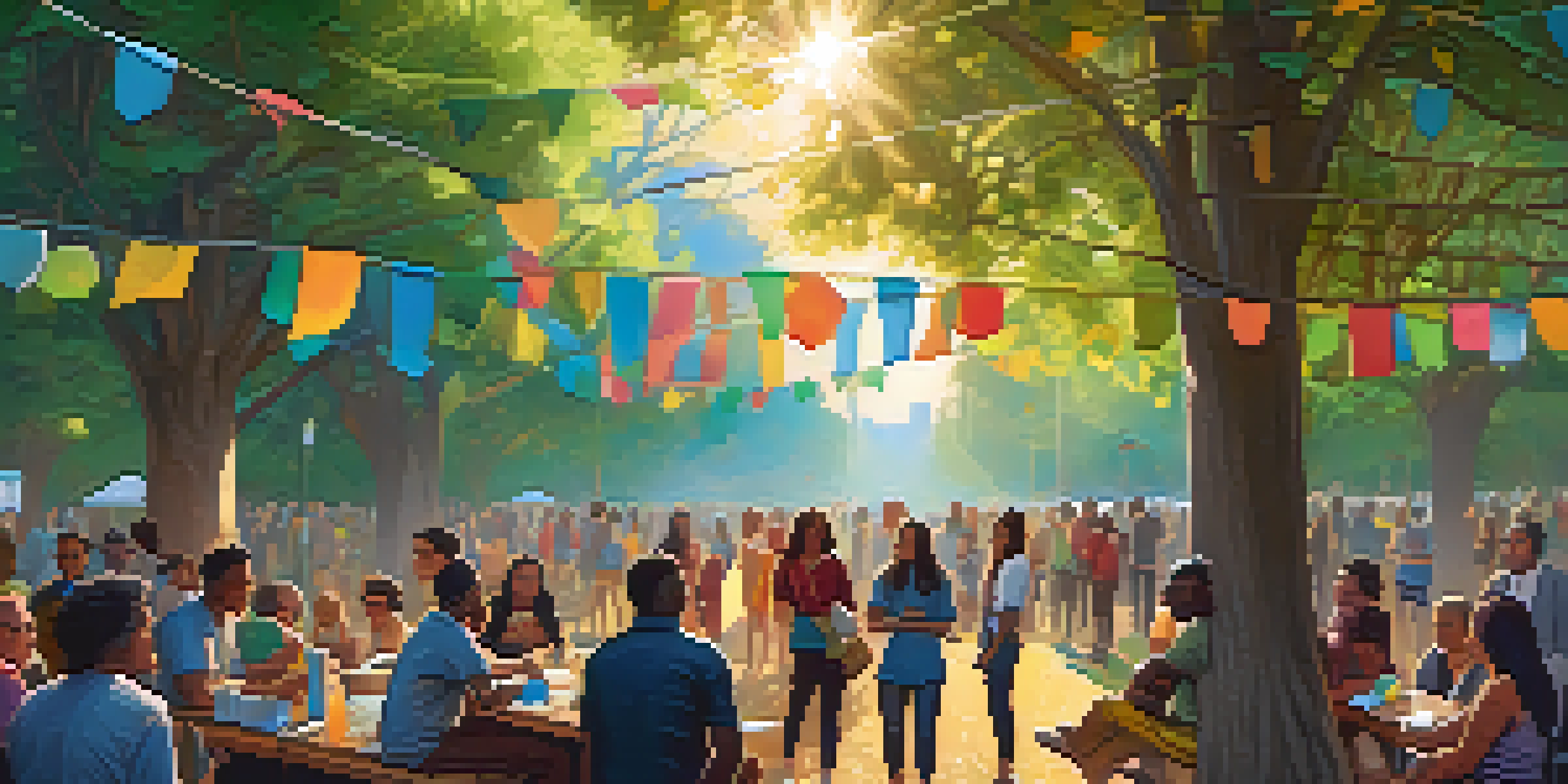 A lively Ethereum community event with diverse participants discussing and collaborating on blockchain projects under sunlight.