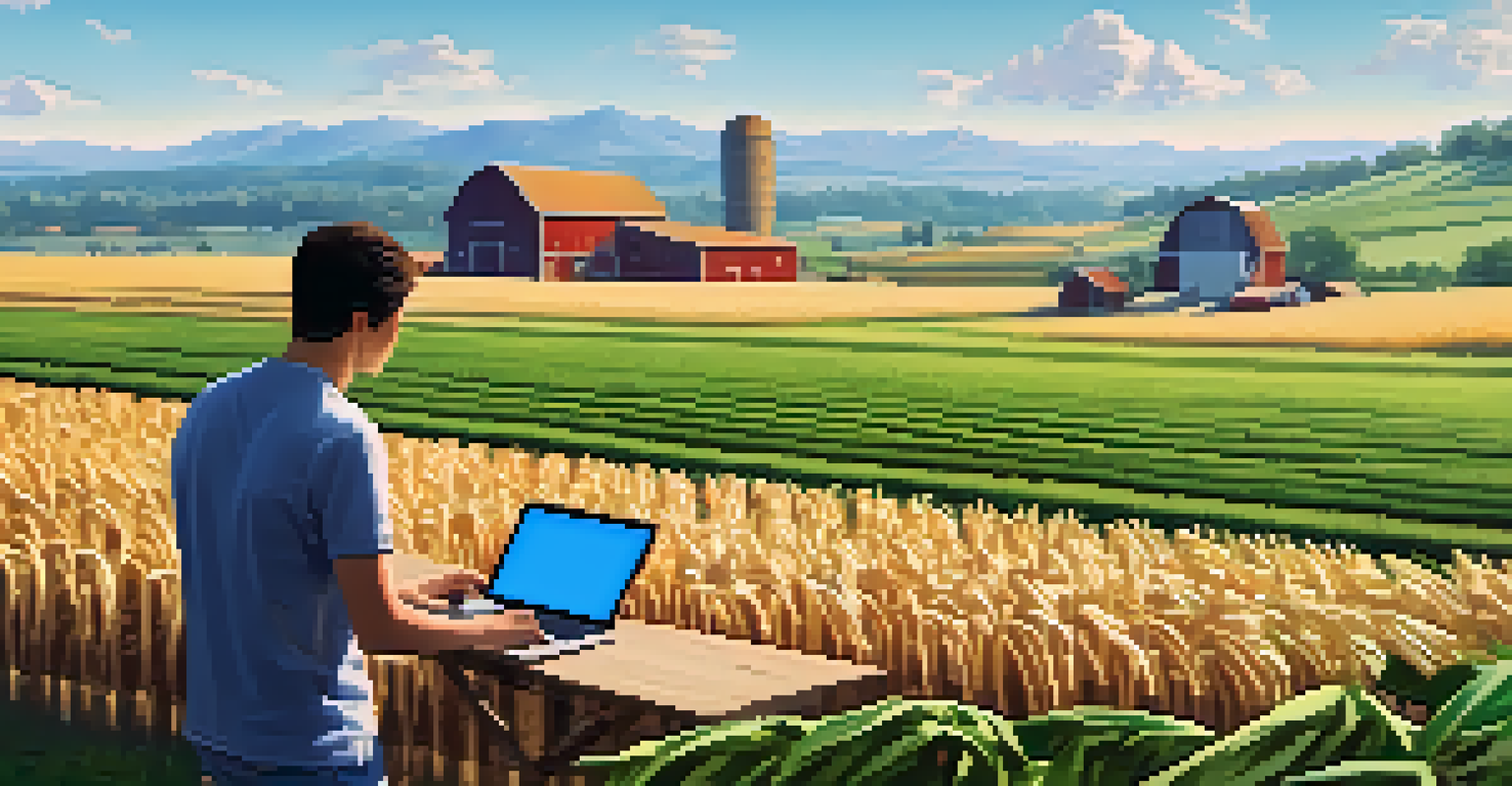 A modern farm landscape with crops and a farmer using a digital device, highlighting ethical sourcing.