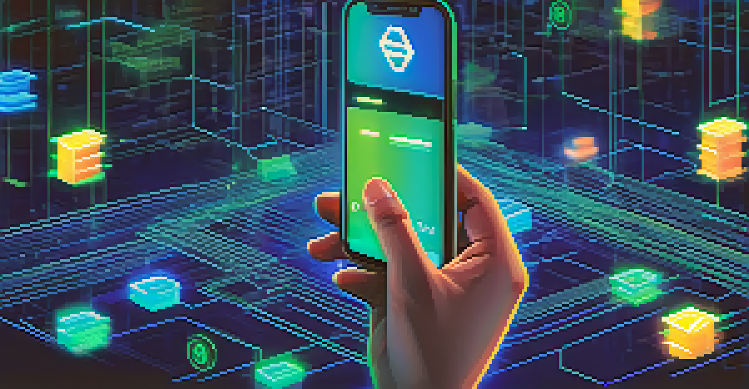 A hand holding a smartphone showing a blockchain transaction, surrounded by colorful digital tokens on a grid background.