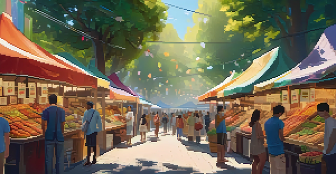 A lively marketplace with artists showcasing digital art, colorful banners, and diverse people engaging with the artwork under soft sunlight.