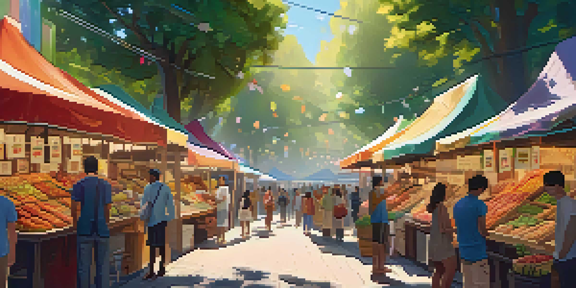 A lively marketplace with artists showcasing digital art, colorful banners, and diverse people engaging with the artwork under soft sunlight.