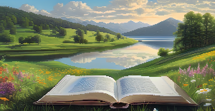 A peaceful landscape depicting a digital library with books scattered across a meadow and lake, representing decentralized storage.