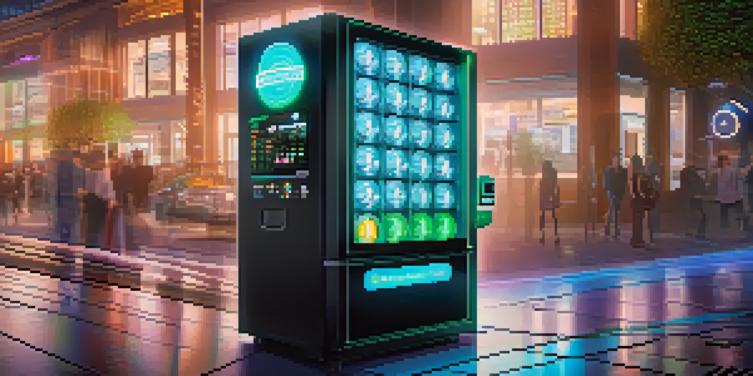 A modern vending machine with digital screens showcasing cryptocurrency tokens, illuminated in soft blue and green lighting.