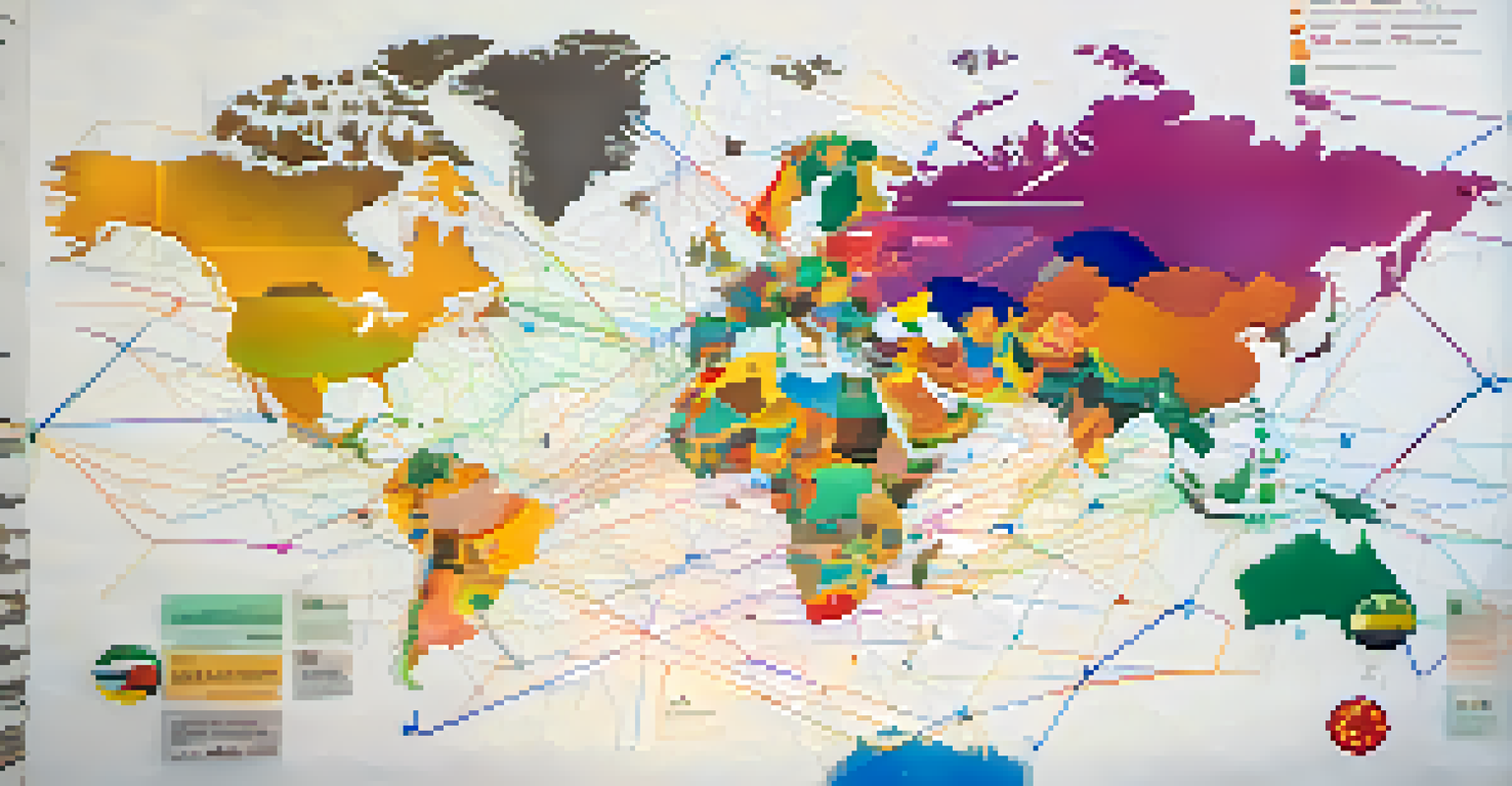 A global map with connecting lines and currency exchange icons, representing Ethereum's cross-border payment capabilities.