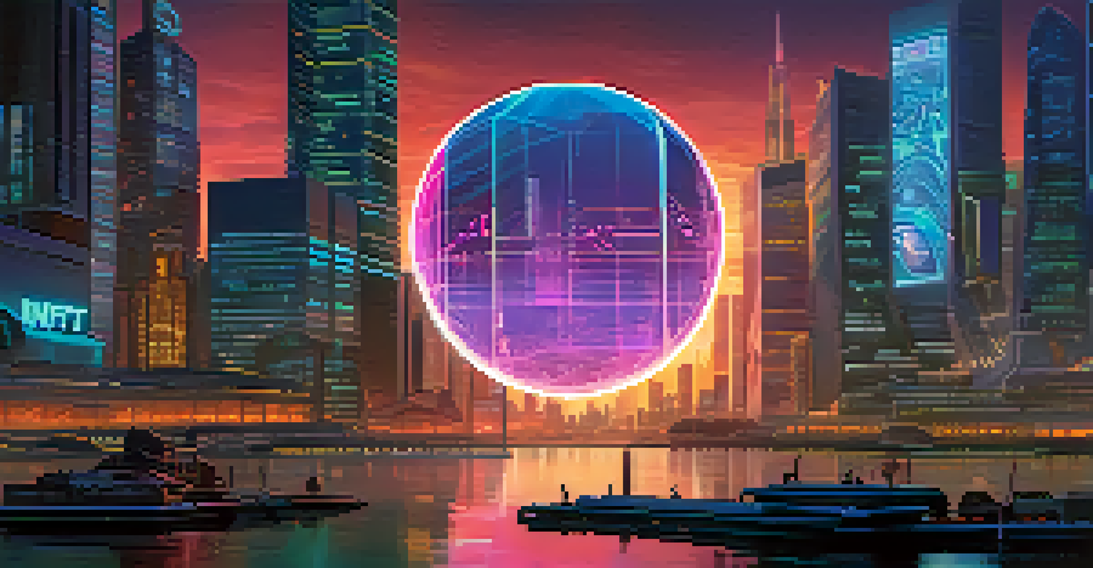A glowing 3D NFT token above a digital canvas in a futuristic city at dusk.