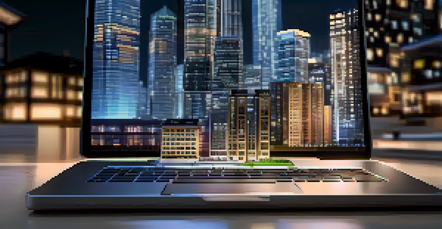 A close-up of smart contract code on a digital screen with miniature buildings around it.