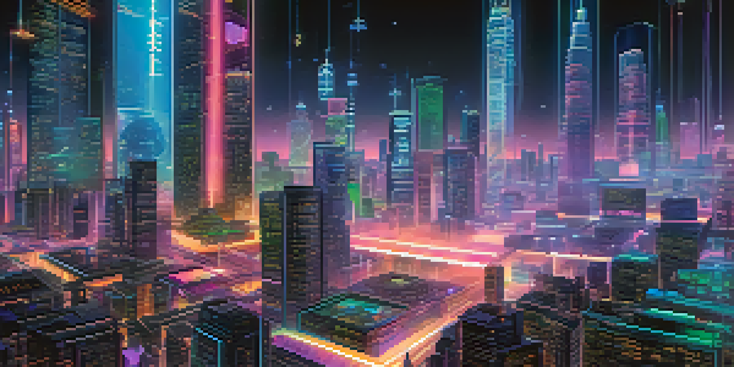A futuristic city with neon lights and holographic displays representing blockchain networks.