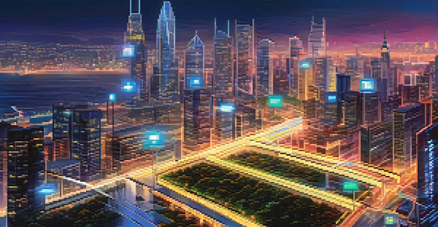 A digital representation of a flash loan transaction with a glowing blockchain network and a city skyline in the background.