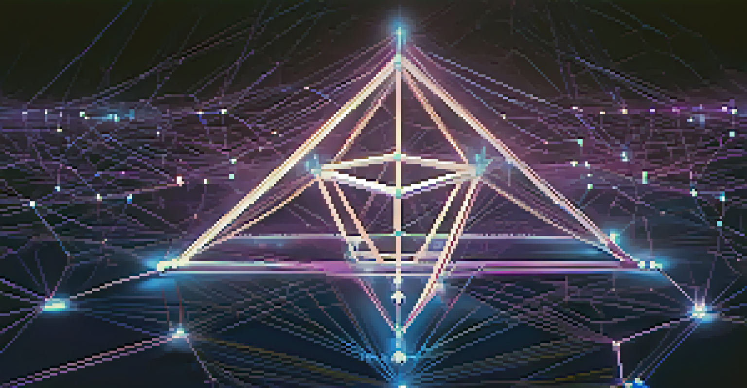 An abstract representation of the Ethereum blockchain with glowing nodes and lines in a digital atmosphere.