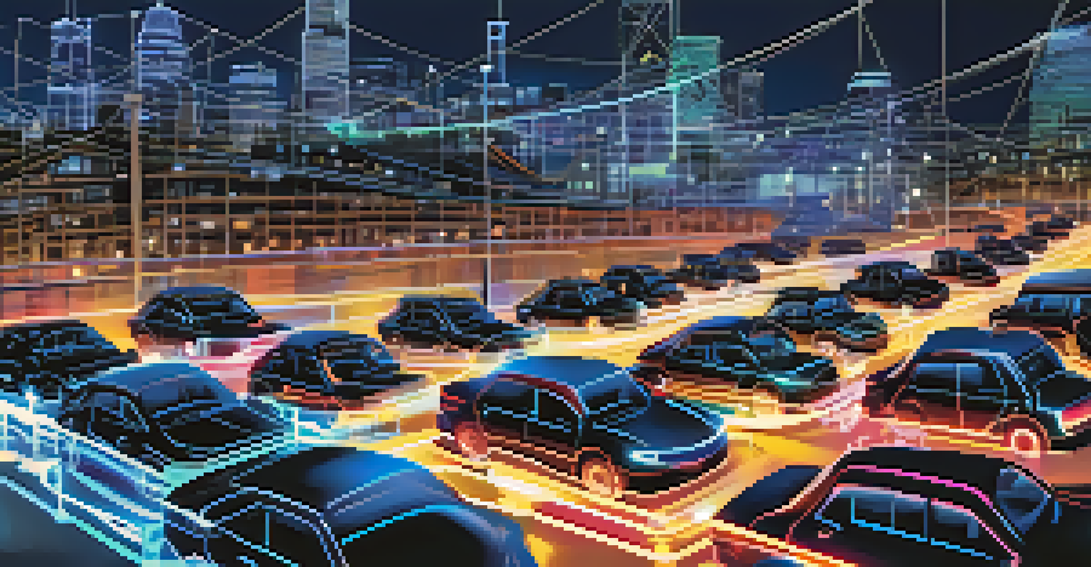 A digital illustration of vehicles in a decentralized network sharing data with a city in the background.