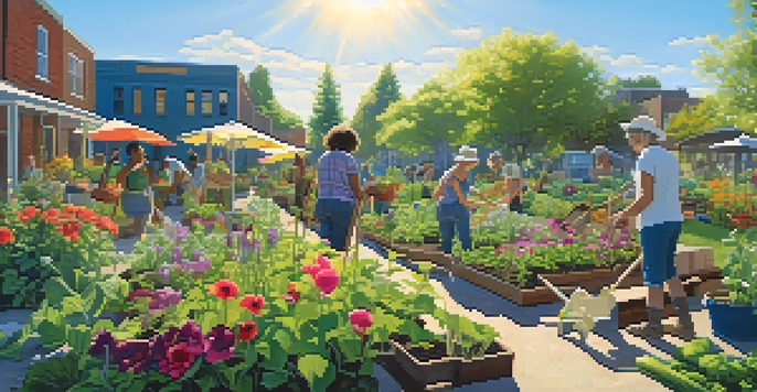 A community garden filled with people planting various flowers and vegetables under a clear blue sky, with sunlight filtering through the leaves.