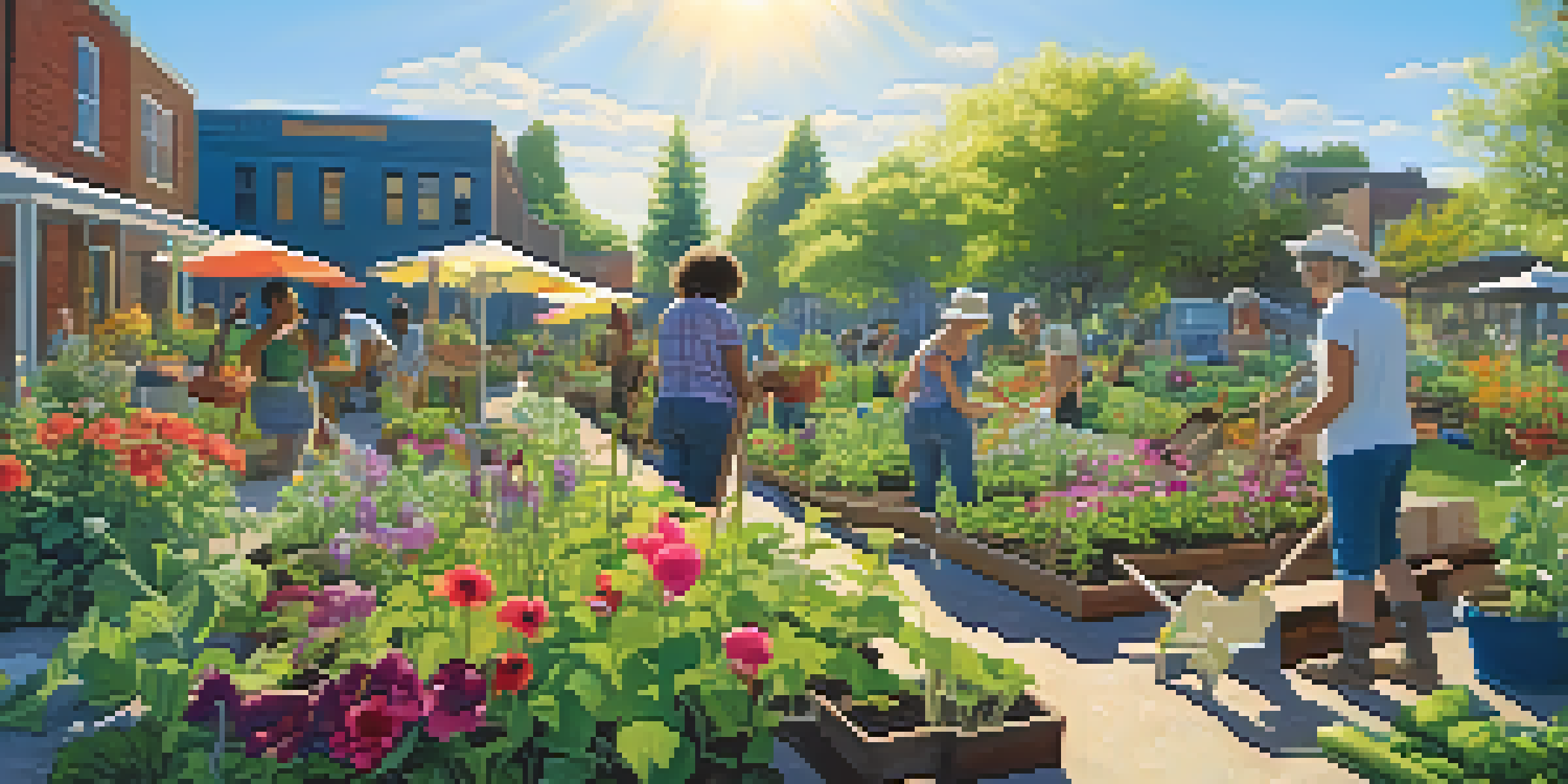 A community garden filled with people planting various flowers and vegetables under a clear blue sky, with sunlight filtering through the leaves.
