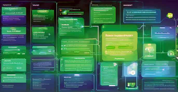 An illustration showing a decentralized reputation system interface with user profiles, trust badges, and a digital landscape.
