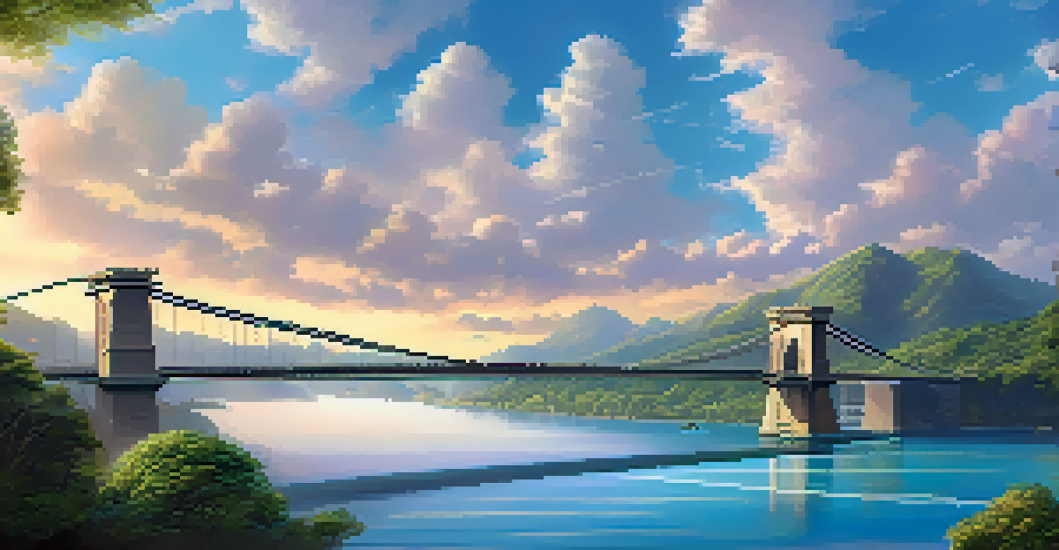 A modern bridge connecting two islands, one representing Ethereum and the other Binance Smart Chain, with a clear sky and reflecting water.