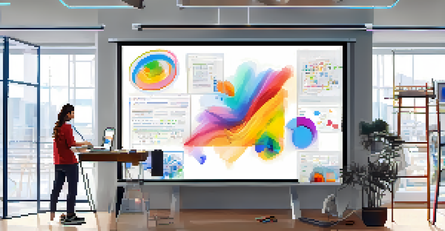 An artist in a modern studio illustrating smart contracts on a digital screen, surrounded by colorful sketches.
