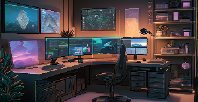 A digital artist's workspace with multiple monitors displaying Ethereum mining software and graphs, illuminated by soft ambient lighting.