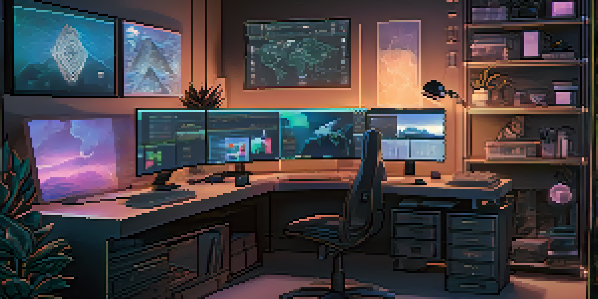 A digital artist's workspace with multiple monitors displaying Ethereum mining software and graphs, illuminated by soft ambient lighting.