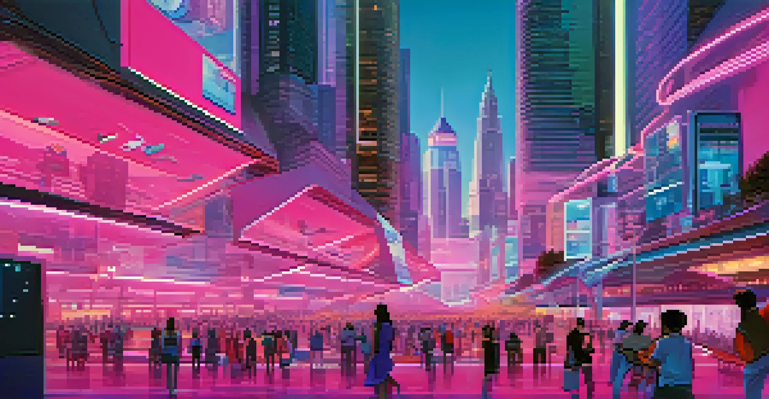 A futuristic cityscape with digital avatars participating in governance through devices, showcasing a vibrant skyline with digital screens.
