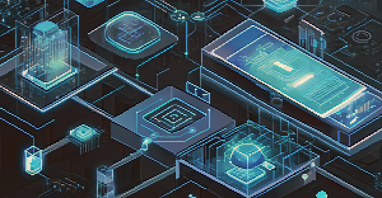 A digital screen showing a blockchain ledger surrounded by various IoT devices in a futuristic workspace.