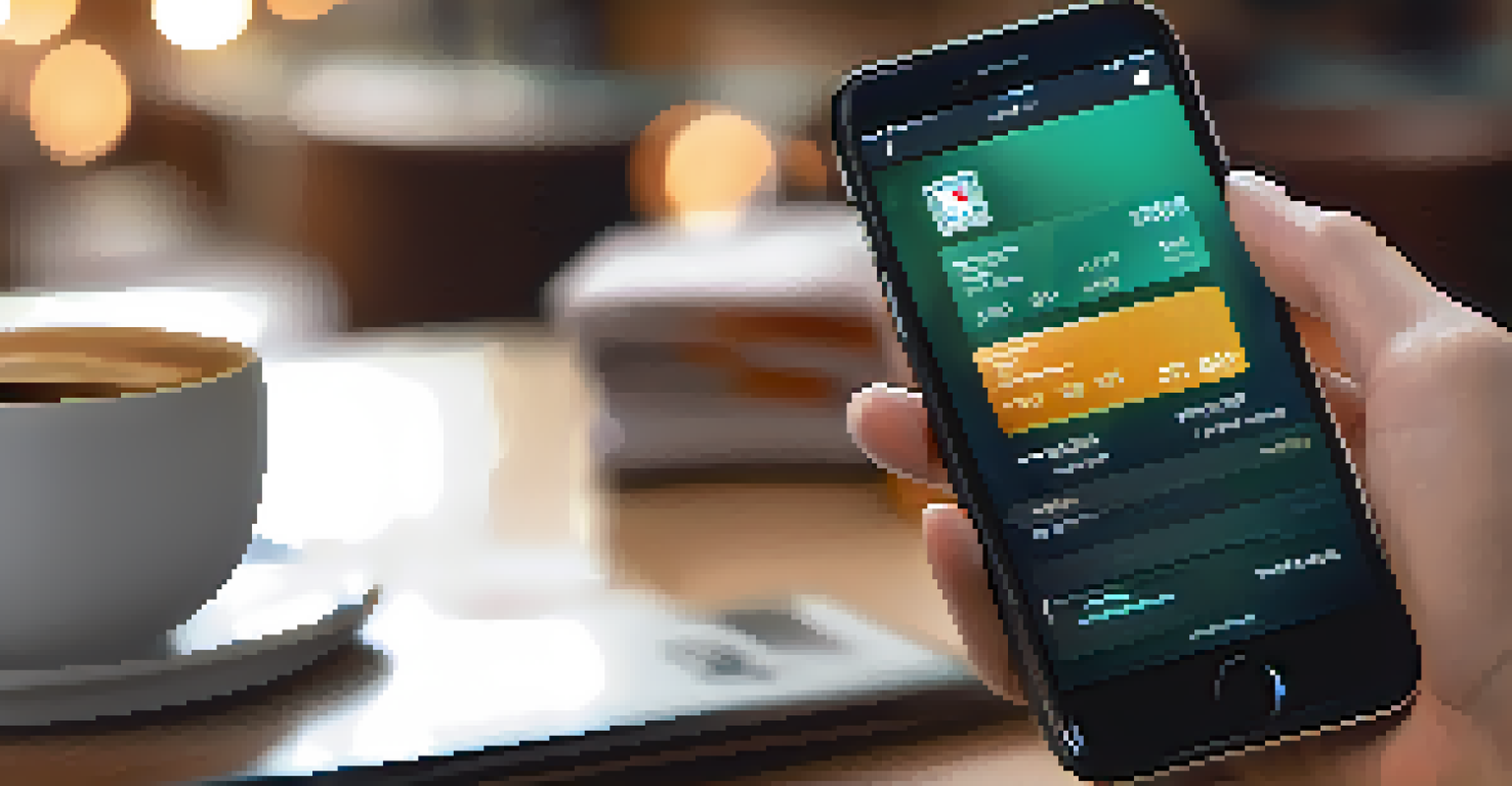 A close-up of a hand holding a smartphone with a digital wallet interface in a cozy coffee shop.