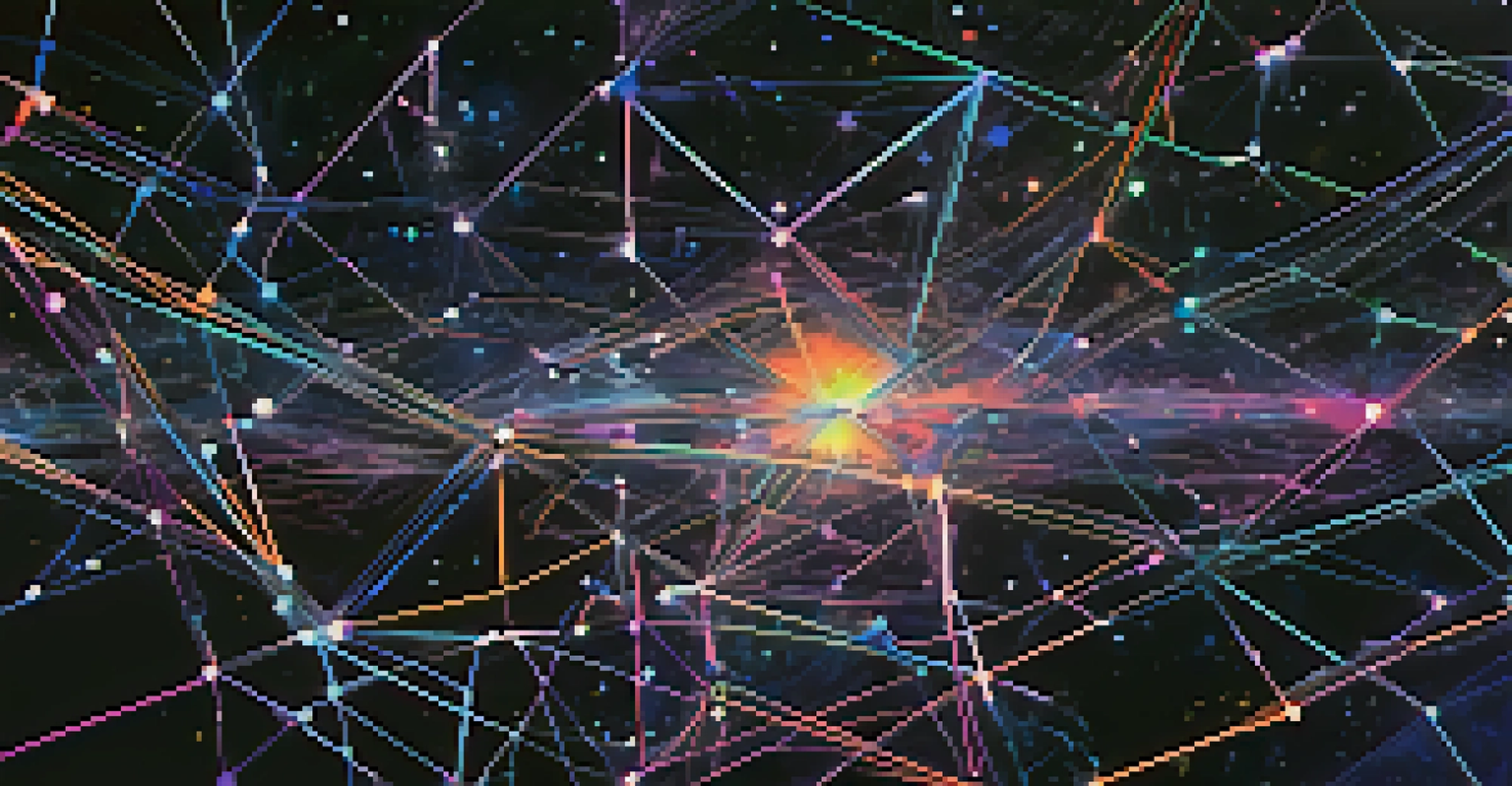 An abstract representation of cross-chain interoperability with glowing data streams and a cosmic background.