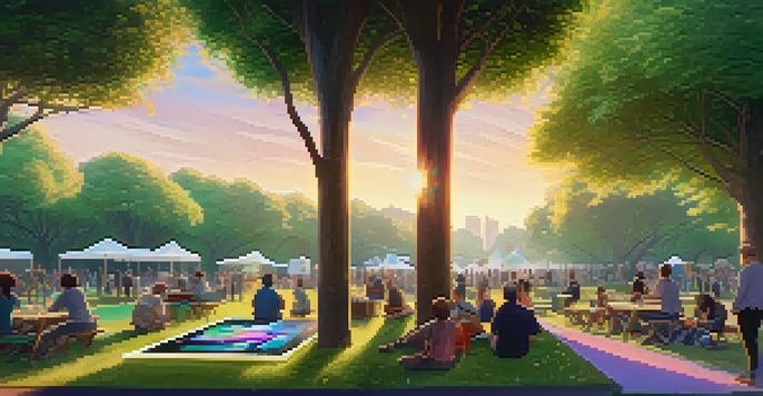A vibrant digital art marketplace in a serene park, showcasing diverse creators and their tokenized artworks with colorful screens and lush greenery.