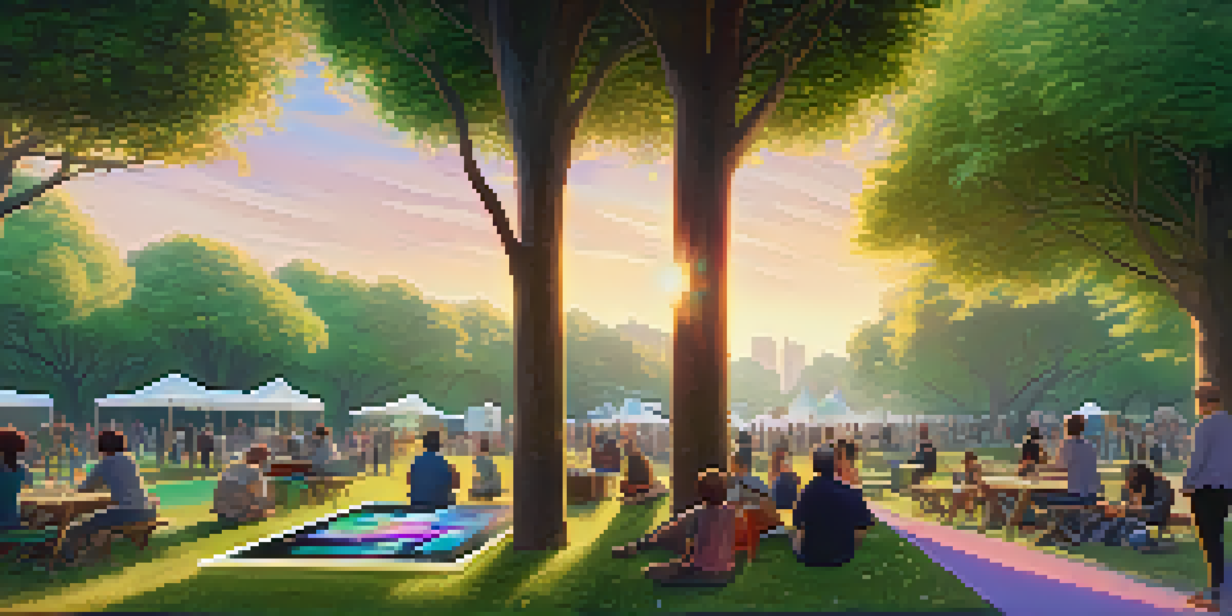 A vibrant digital art marketplace in a serene park, showcasing diverse creators and their tokenized artworks with colorful screens and lush greenery.