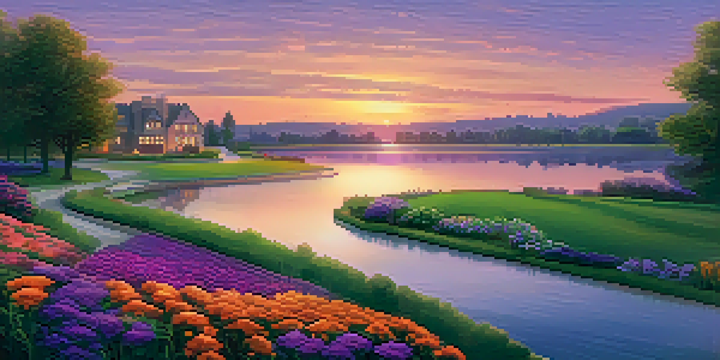 A colorful virtual landscape with digital properties, lush fields, a lake, and futuristic buildings under a sunset sky.