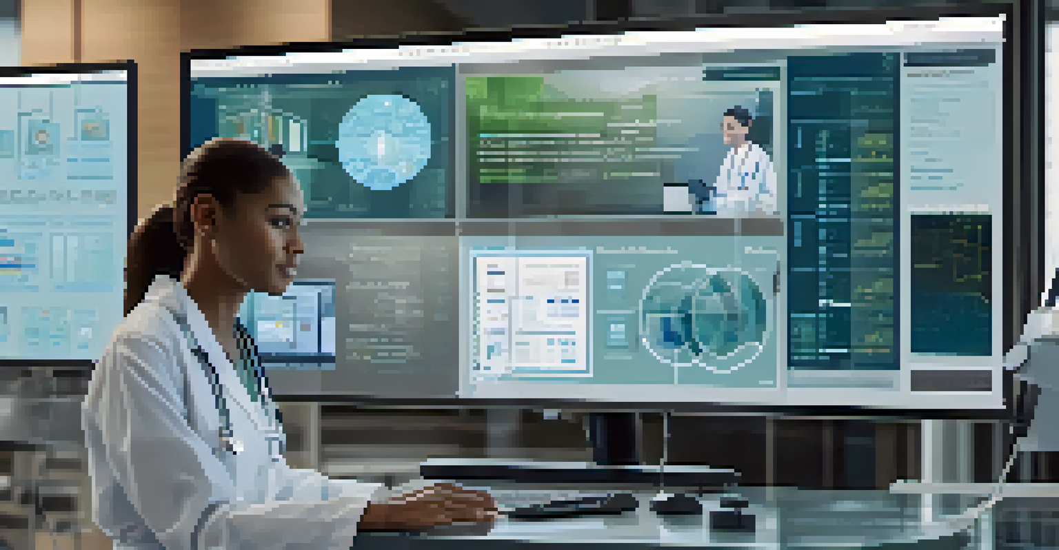 A computer screen showing a smart contract interface in a healthcare setting, with medical equipment and a professional analyzing the information.