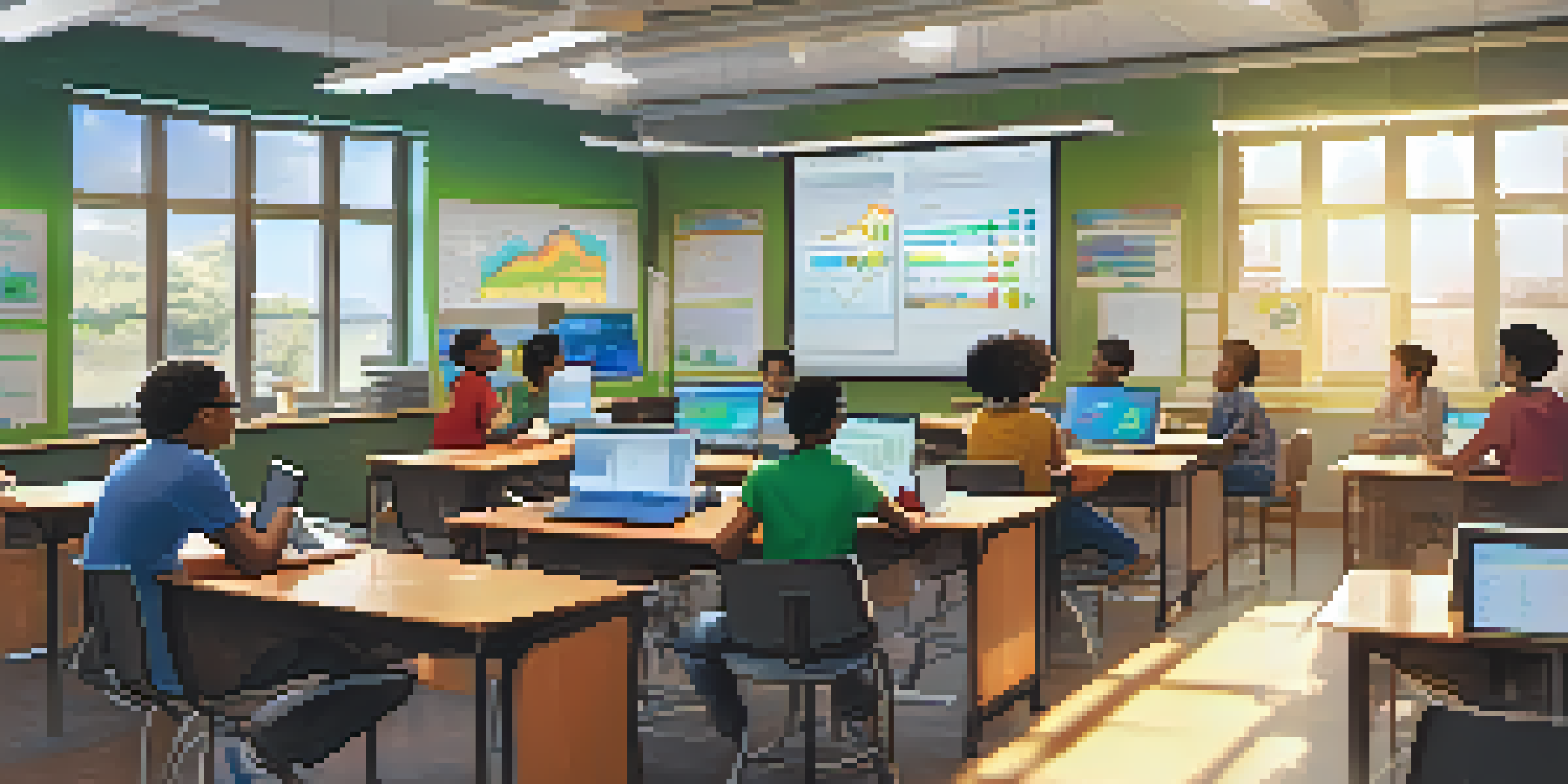 A diverse group of students learning about finance in a bright classroom, using laptops and interacting with colorful charts.