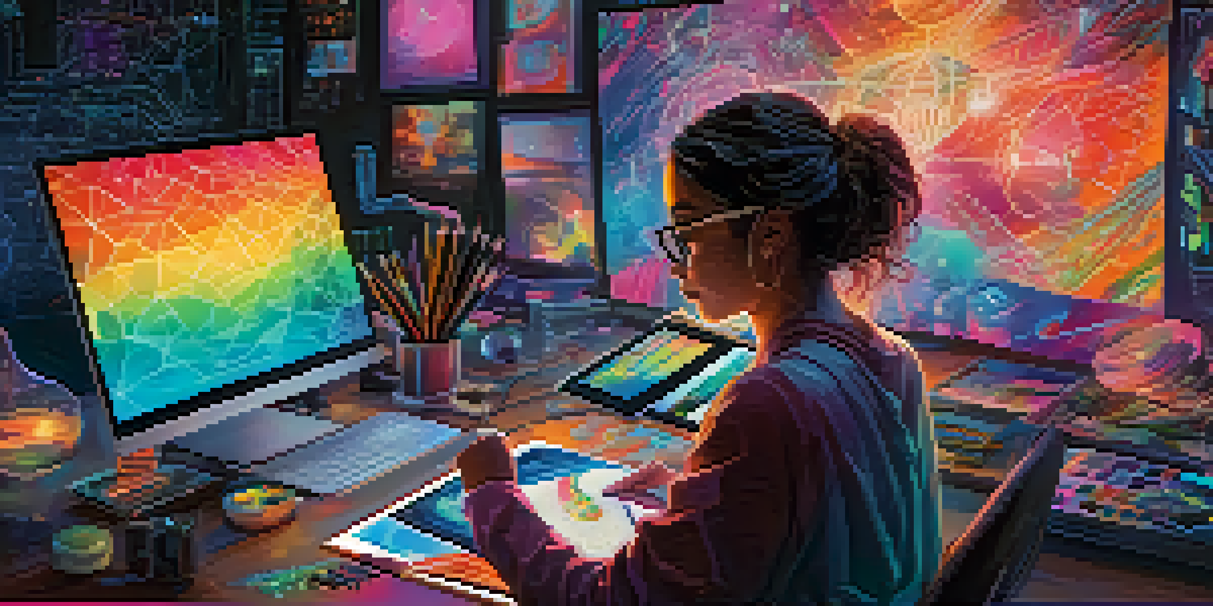 A digital artist focused on creating art on a tablet, with colorful sketches and elements representing blockchain technology around them.