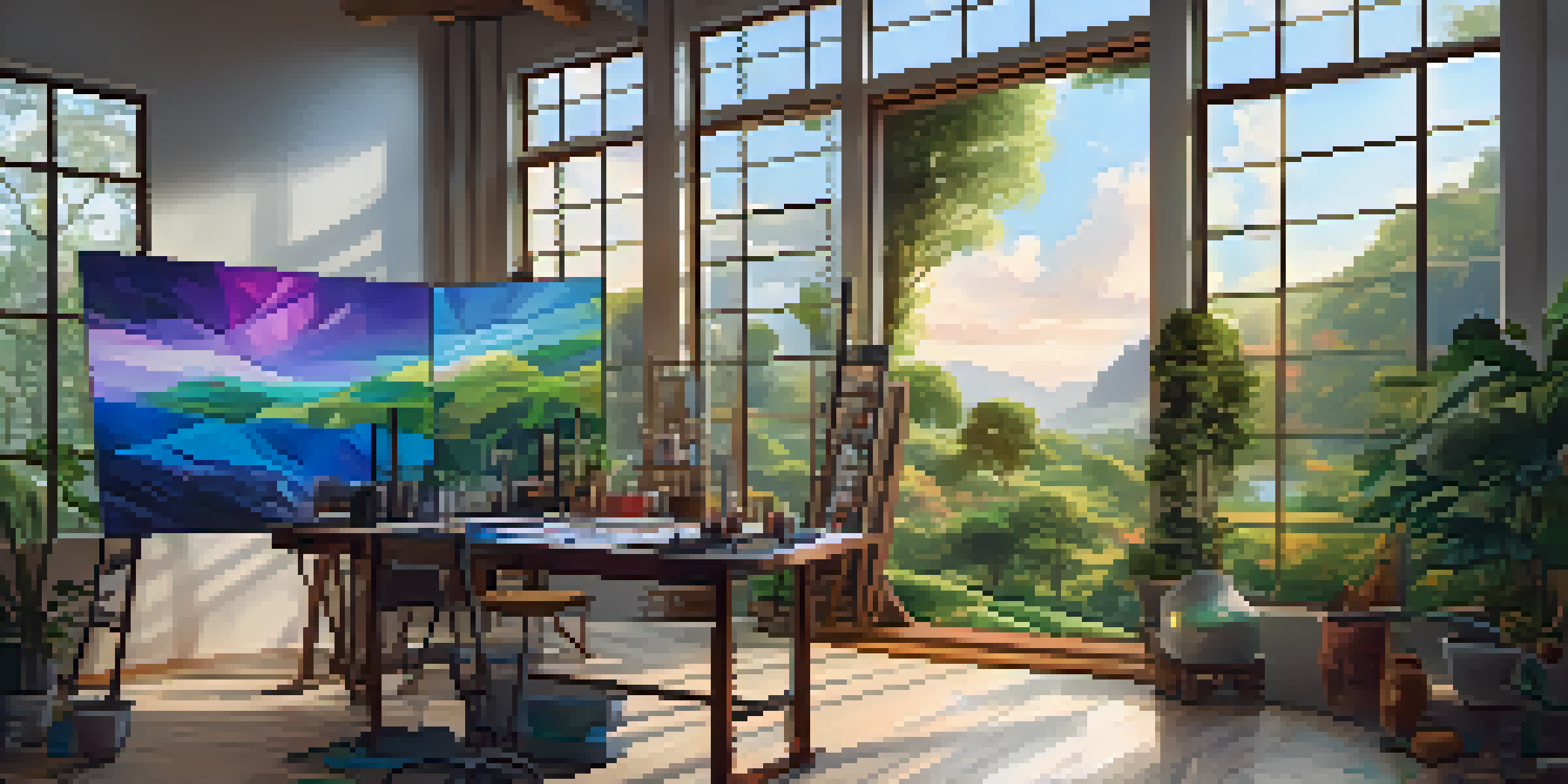 A colorful digital art studio with an artist painting a canvas depicting the Ethereum blockchain, surrounded by greenery and sunlight.