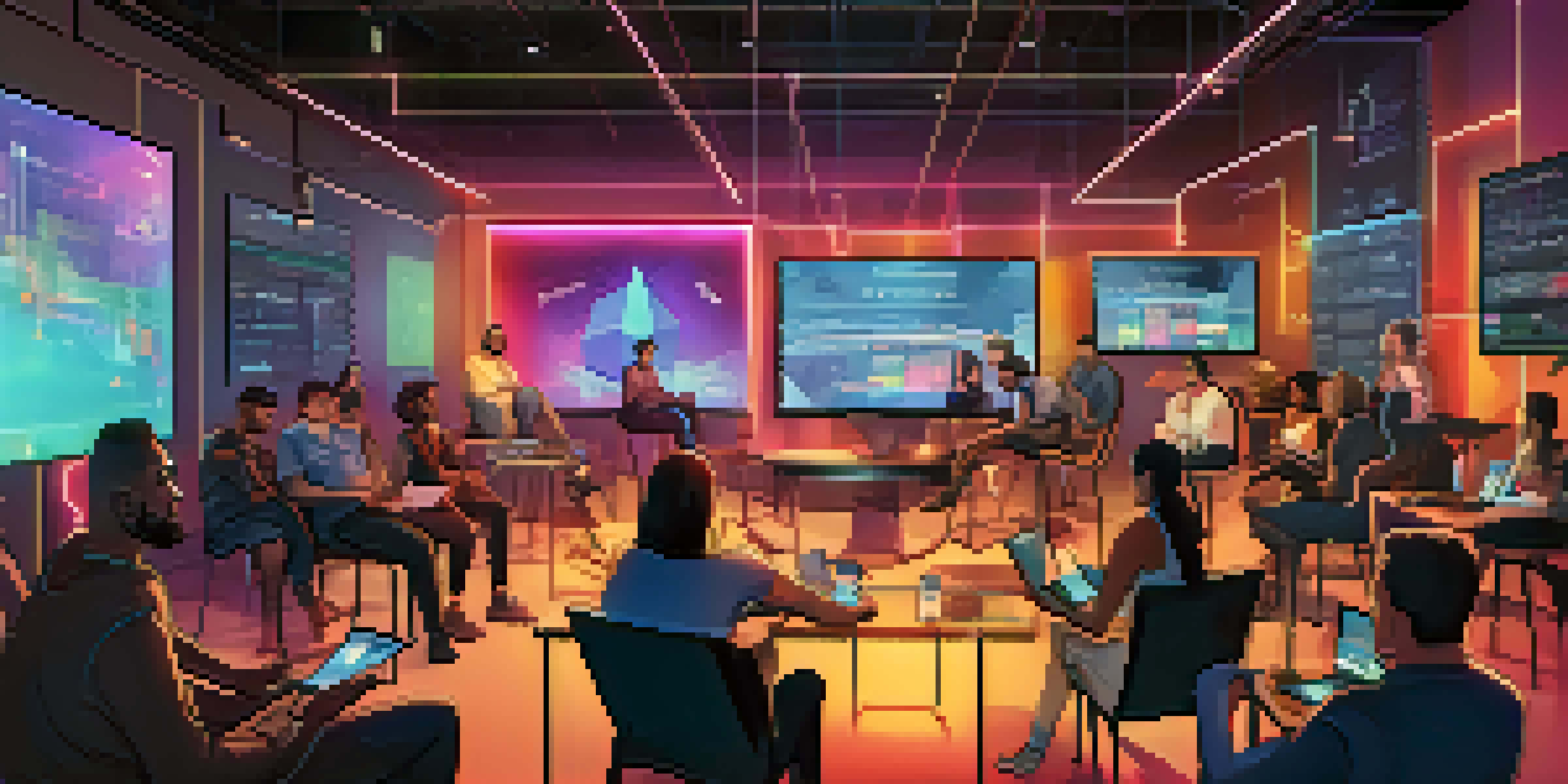 A digital illustration showing a diverse group of people discussing Ethereum governance in a tech-inspired environment with screens and banners.