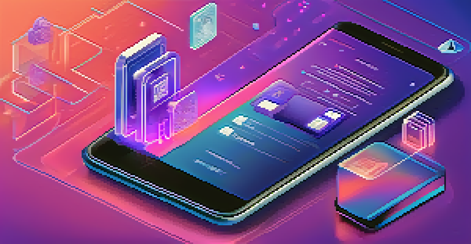 A smartphone displaying a user-friendly mobile wallet app with Ethereum icons and dApp graphics over a gradient background.
