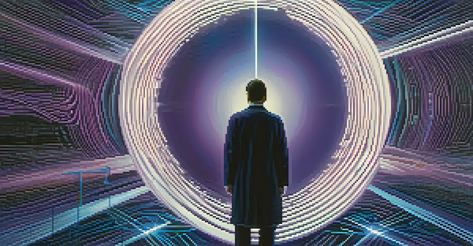 Two figures interacting through a shielded interface with encrypted data visualized as swirling patterns.