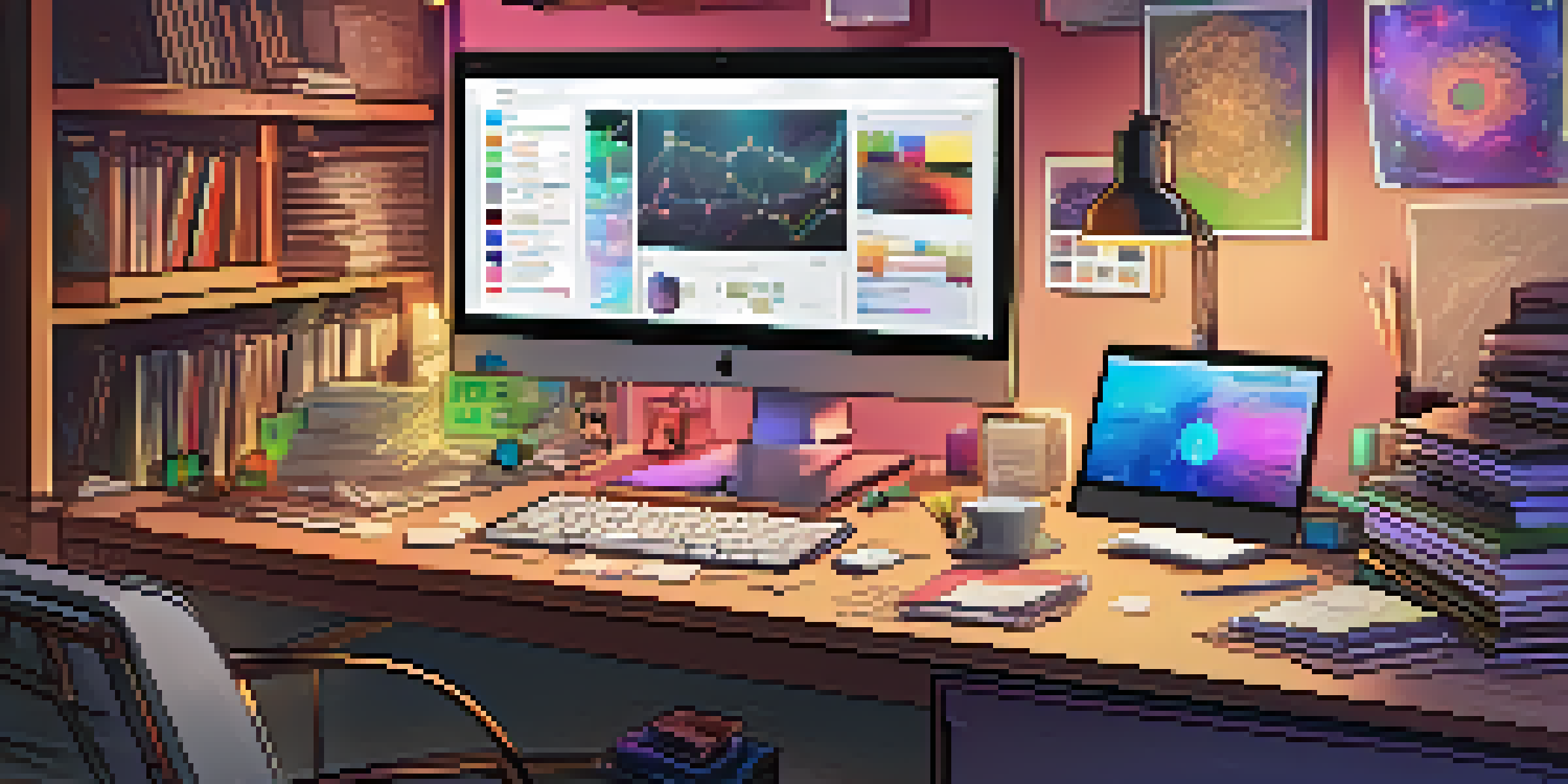 A digital artist's workspace featuring a monitor with an Ethereum interface and sketches of colorful tokens, with warm lighting and books about blockchain technology on the desk.
