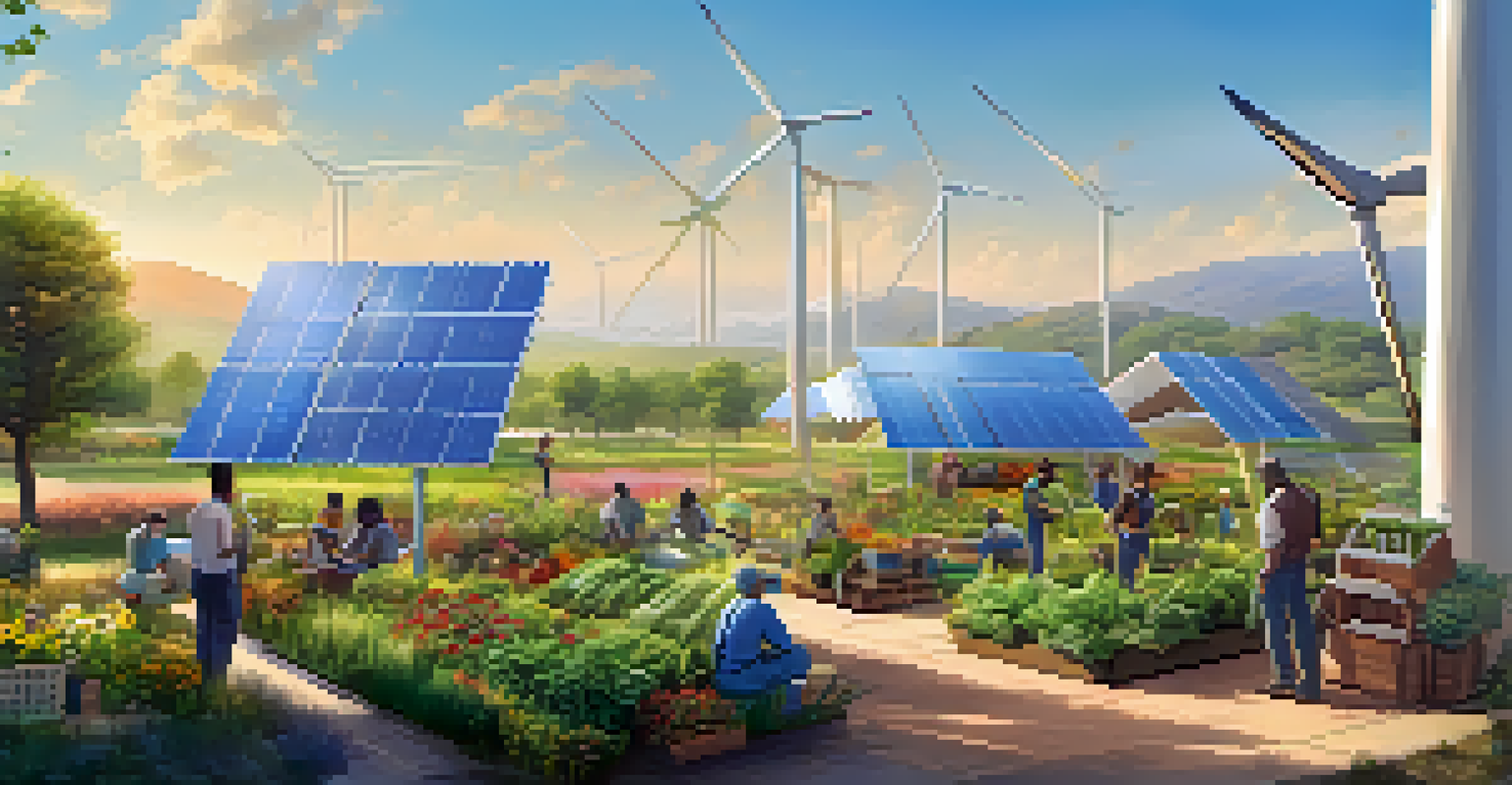 A peaceful landscape showing a diverse group working on a community garden, with wind turbines and solar panels representing sustainability.