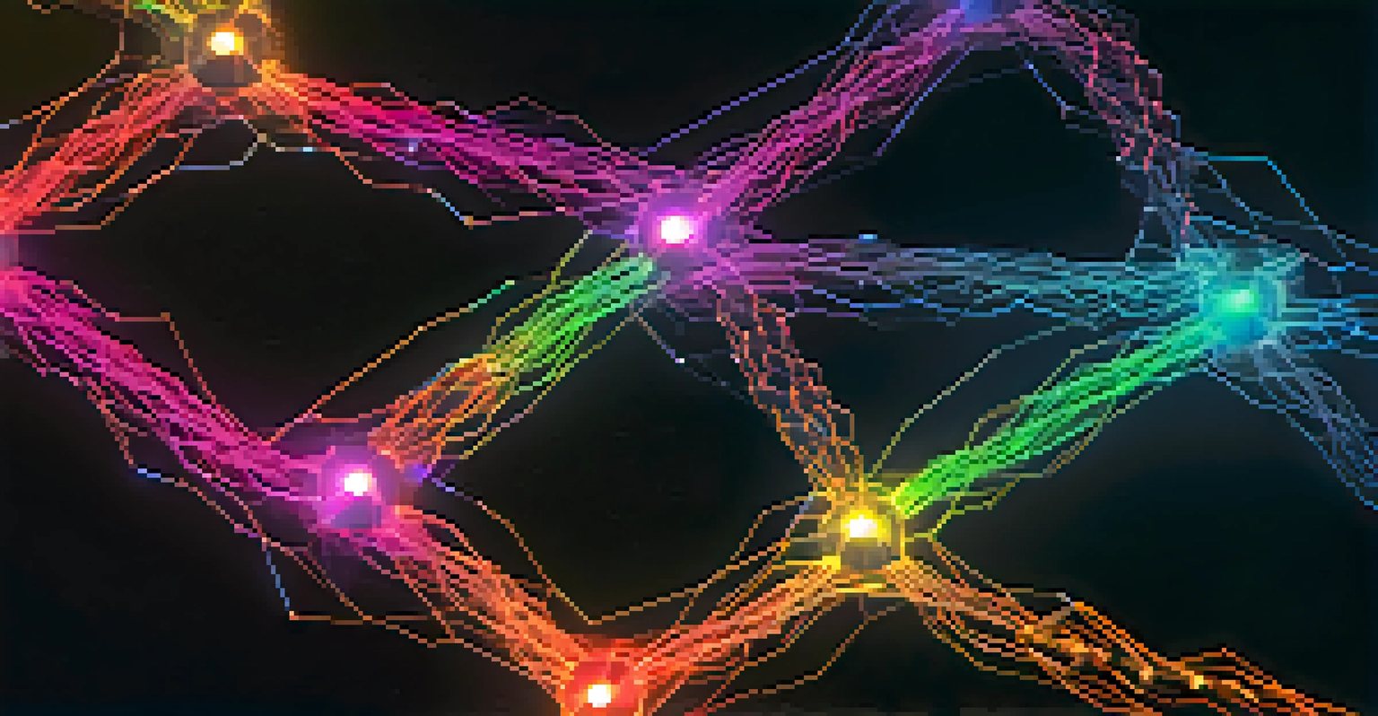 A close-up depiction of a blockchain network with glowing nodes and digital data streams on a dark background.
